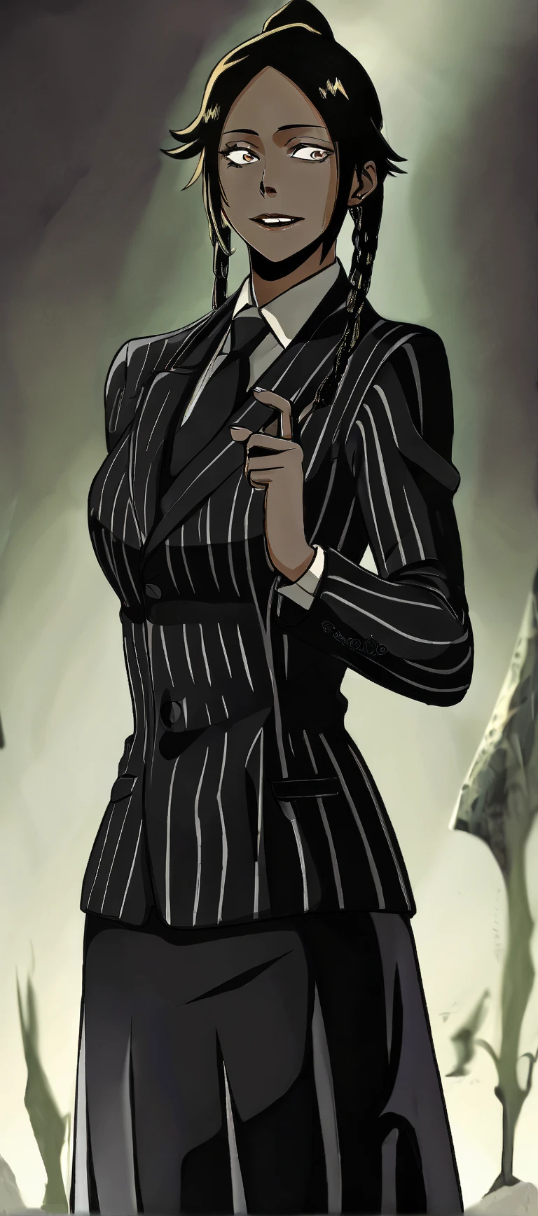 🖤🦇💀 super detailed anthropomorphic furry female tigress from the author nelly63 , ((long brown hair, buxom, slim waist, wide hips, open neckline)), ((wears glasses, makeup, dressed in a Gothic three-piece suit, short pencil skirt, nylon tights, heeled shoes)), ((corporate goth, gothic, goth-wonan, horror)), ((walking down the street, 80s))