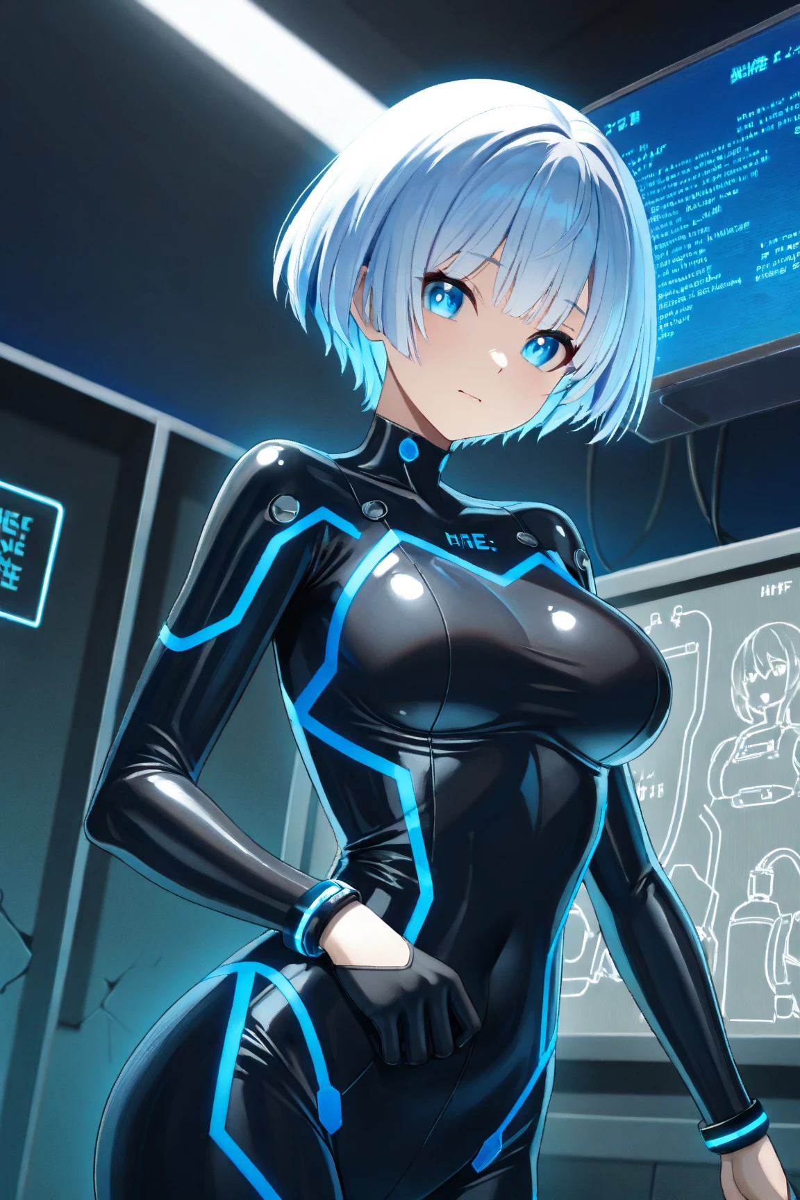 1girl. blue hair, science fiction, short hair, green eyes, smile, cowboy shot, bodysuit,