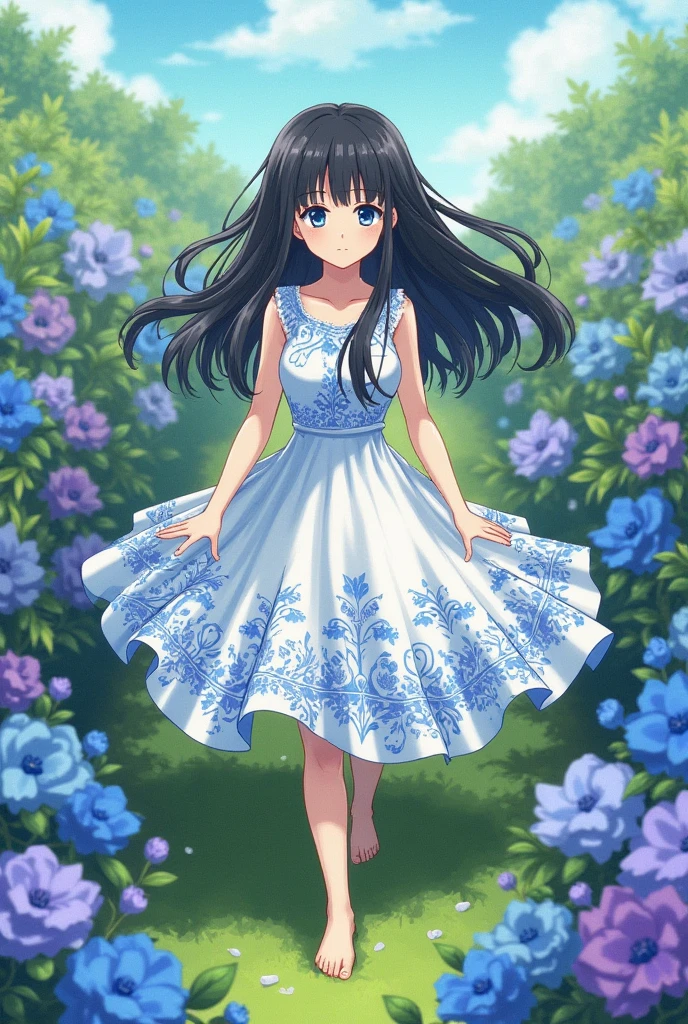 Anime female high school student,white dresses,whaite hair,Black headband,Small white shoes,Stand in the sun,grass field,blue-sky,Lift your skirt and smile