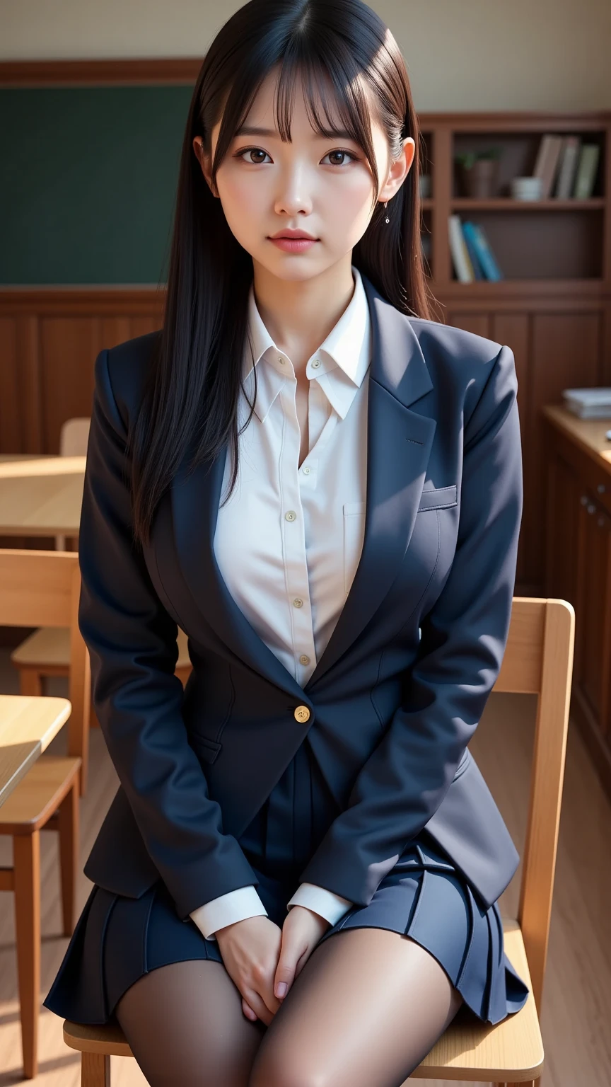 Ulchan-6500-v1.1, (Raw photo:1.2), (realistic:1.4), beautiful detailed girl, very detailed eyes and face, beautiful and detailed eyes, that'that'ridiculous, incredibly that'that'ridiculous, huge file size, Super detailed, High resolution, very detailed, highest quality, masterpiece, kemomimi, ((japanese girl' high school uniform)), shape, very detailed, cg, unified, 8k wallpaper, wonderful, small details, masterpiece, highest quality, very detailed cg uniform 8k wallpaper, face light, movie lighting, {{1 girl, :smile}}, ((dynamic pose))), (camel toe), (half), {(pantyhose)}, (sitting in the classroom)),{{spread your legs}}