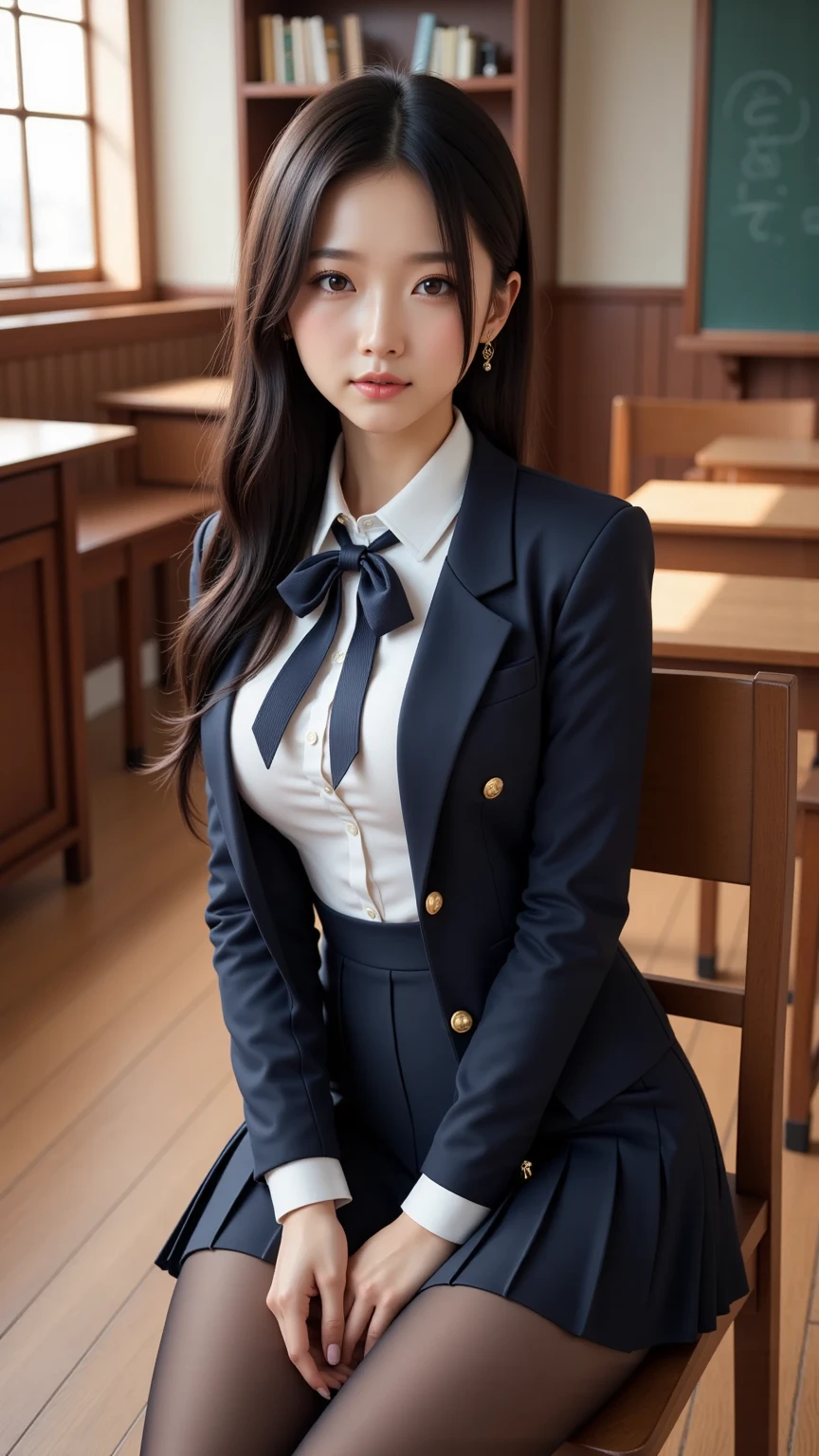 ulzzang-6500-v1.1, (Raw foto:1.2), (Photorealsitic:1.4), Functional、large full breasts、undergarment、a beautiful detailed girl, extremely detailed eye and face, beatiful detailed eyes, Ridiculous, unbelievable Ridiculous, huge filesize, ultra-detailliert, hight resolution, ighly detailed, top-quality, masterpiece, Kemomimi, ((Japanese girls' high school uniform)), illustratio, ighly detailed, CG, unification, 8k wallpaper, magnifica, finely detail, masterpiece, top-quality, Highly detailed CG uniform 8k wallpaper, Light on the face、电影灯光、 girl、((witheout panties))、((dynamicposes)))、(camel's toe)、(half)、(panthyhose)、(Sitting on legs bending the knees))