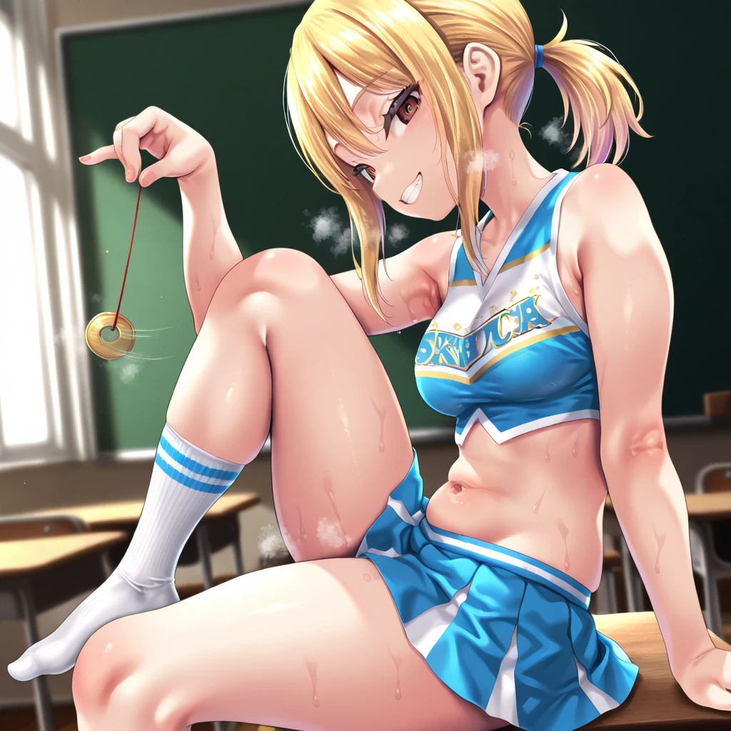 ponytail、Blonde、Nipples、tits、Sports Bra、stockings、Insert the penis into the、Open your legs while crouching、Perfect body、Semen overflows from pussy、Surrounded by a large group of men、