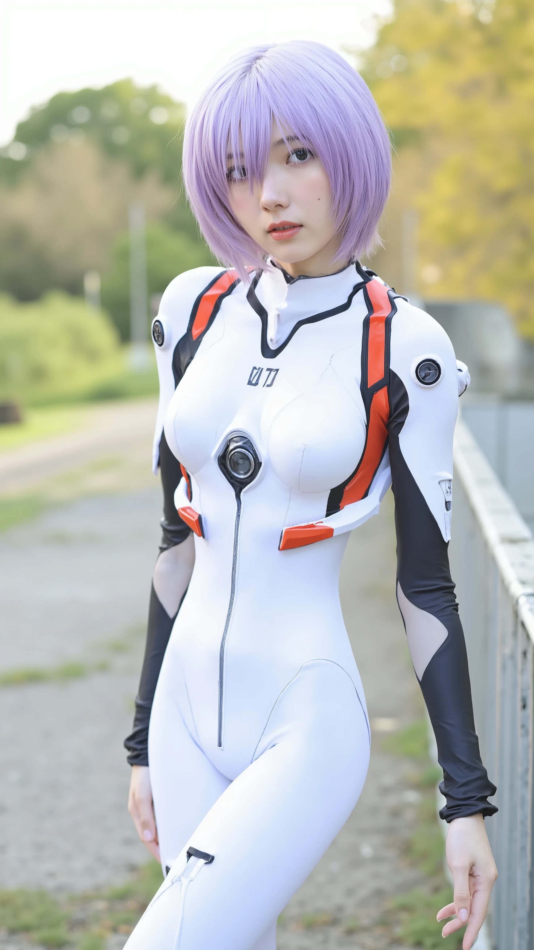 A high resolution photograph of a young Japanese woman named Karin Fujiyoshi. She wears the white plug suit of Ayanami Rei from Evangerion. Her hair style is lilac bob cut. She stands in a dynamic pose outdoors for gravure photoshoot.