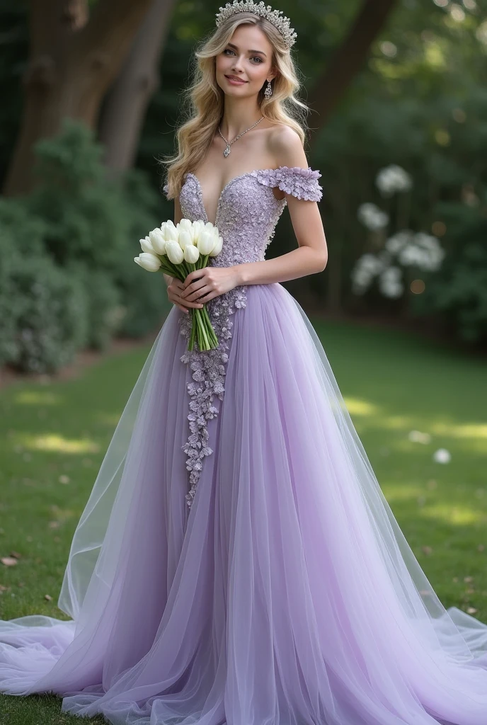 A dusty purple tulle wedding dress with glitter and sage green accents