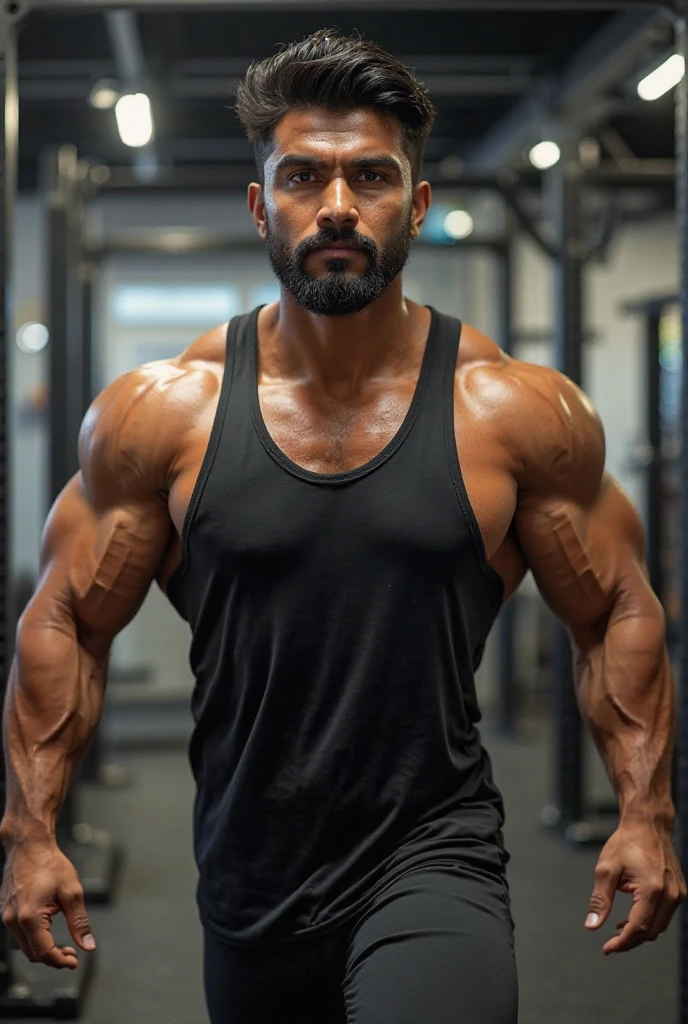 1boy, indian, solo, facial hair,34 yrs old, daddy, male focus, flaccid penis, pectorals, bara, muscular, mature male, muscular male, abs, beard, ring nipples, chest harness, short hair, navel, stomach, large pectorals, thick eyebrows, bare pectorals, dark-skinned male, erection, thighs, erection under clothes, bondage attire, dark skin, tie, grey swimsuit suit, pectoral cleavage, cowboy shot, cop agent uniform, feet out of frame, thick thighs, looking at viewer, masterpiece, 4k, high quality, highres, absurdres,