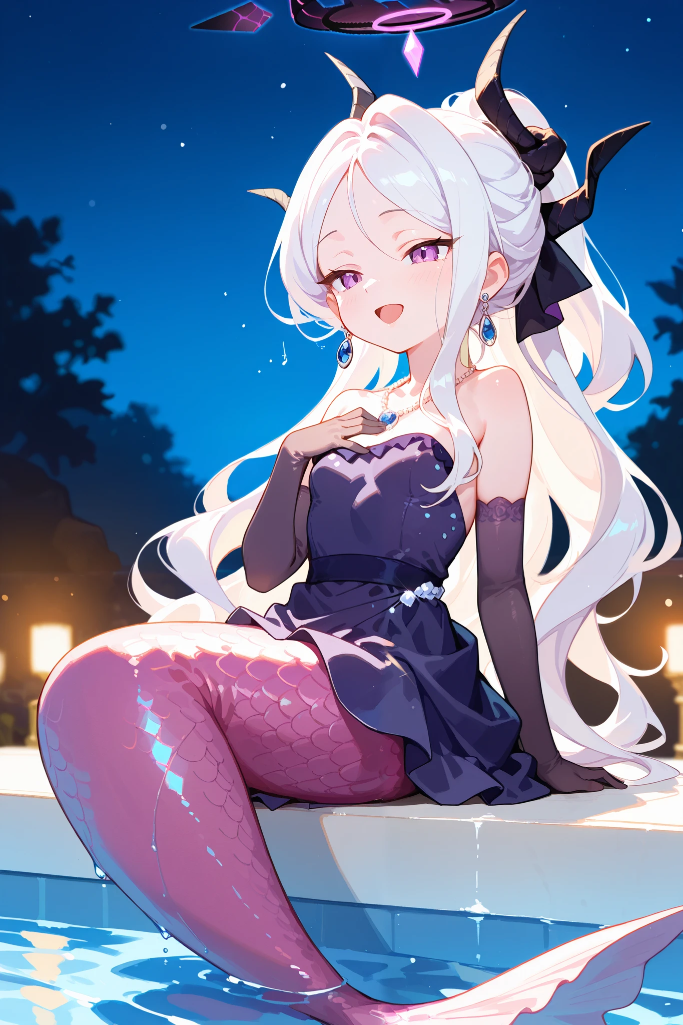 8K, best quality, hina (blue archive),blue archive, ((mermaid, purple scales)), looking at viewers, half closed eyes, singing, happy, sitting, on poolside, partially submerged, night, moonlight,hand on chest, music partitures, hina,1girl,solo,ponytail,elbow gloves,purple dress,black gloves,black dress,strapless dress,earrings,necklace,alternate costume, blurry foreground, rating:safe, best quality, masterpiece,staekinglight, pcpcpc,(Pastel color), out of frame