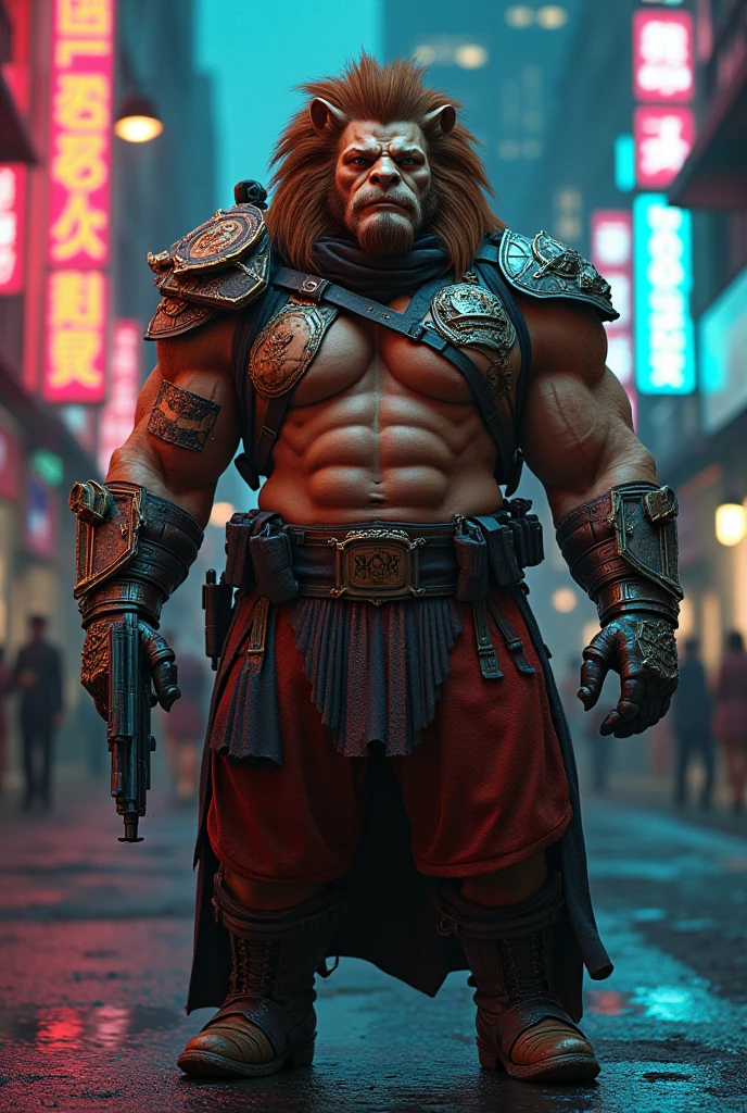Cyborg wukong with cyberpunk city background, prosthetic left hand with staff weapon, cinematic, realistic, high details, punk, journey to the West, humanoid