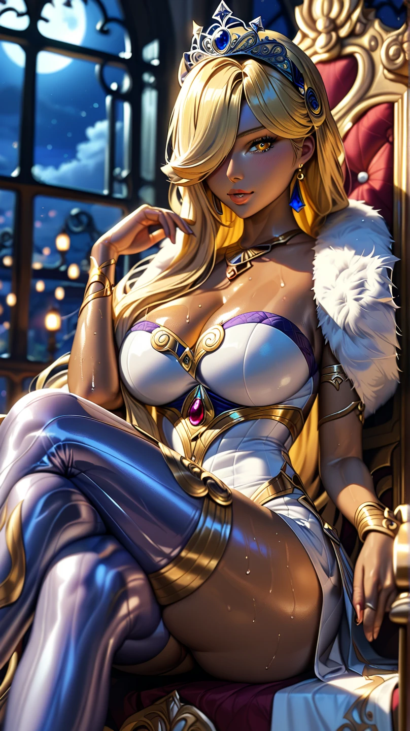 Elsa, 1 chica, hermoso, personaje, mujer, femenino, (parte maestra:1.2), (Mejor calidad:1.2), cinematographic, ojos perfectos, Piel perfecta, perfect luzing, sonriente, luz, cor, piel texturizada, detalle, belleza, preguntarse, ultra detallado, cara perfecta, seductor, galanteo, (lenceria de encaje, translucent), ((medias negras de encaje)), medias negras, seduction of a man, tacones altos, cuerpo completo, Centrarse en las piernas, manos perfectas, constituir, Princesa caliente, (Un traje revelador y vergonzoso.), acostado en la cama, (masturbating:1.5), (se masturba bruscamente con un consolador enorme), ((NSFW)), pussy juices, (antecedentes detallados, dormitorio real)