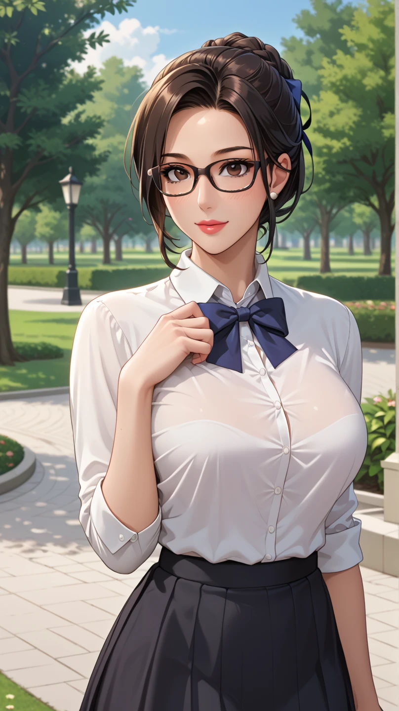 8k, highest quality, masterpiece, Realistic, Photorealistic, Ultra-detailed, Natural light, large breasts with good shape, I can see her cleavage, 1 person, 40-year-old woman, Black Hair, Beaver, Straight Hair, Silver-rimmed glasses, (Look at the viewers), Knitted V-neck shirt, Highly detailed face and skin, Detailed eyes, Highly detailed face and skin,日Book人,Mature Woman,Book,A big smile