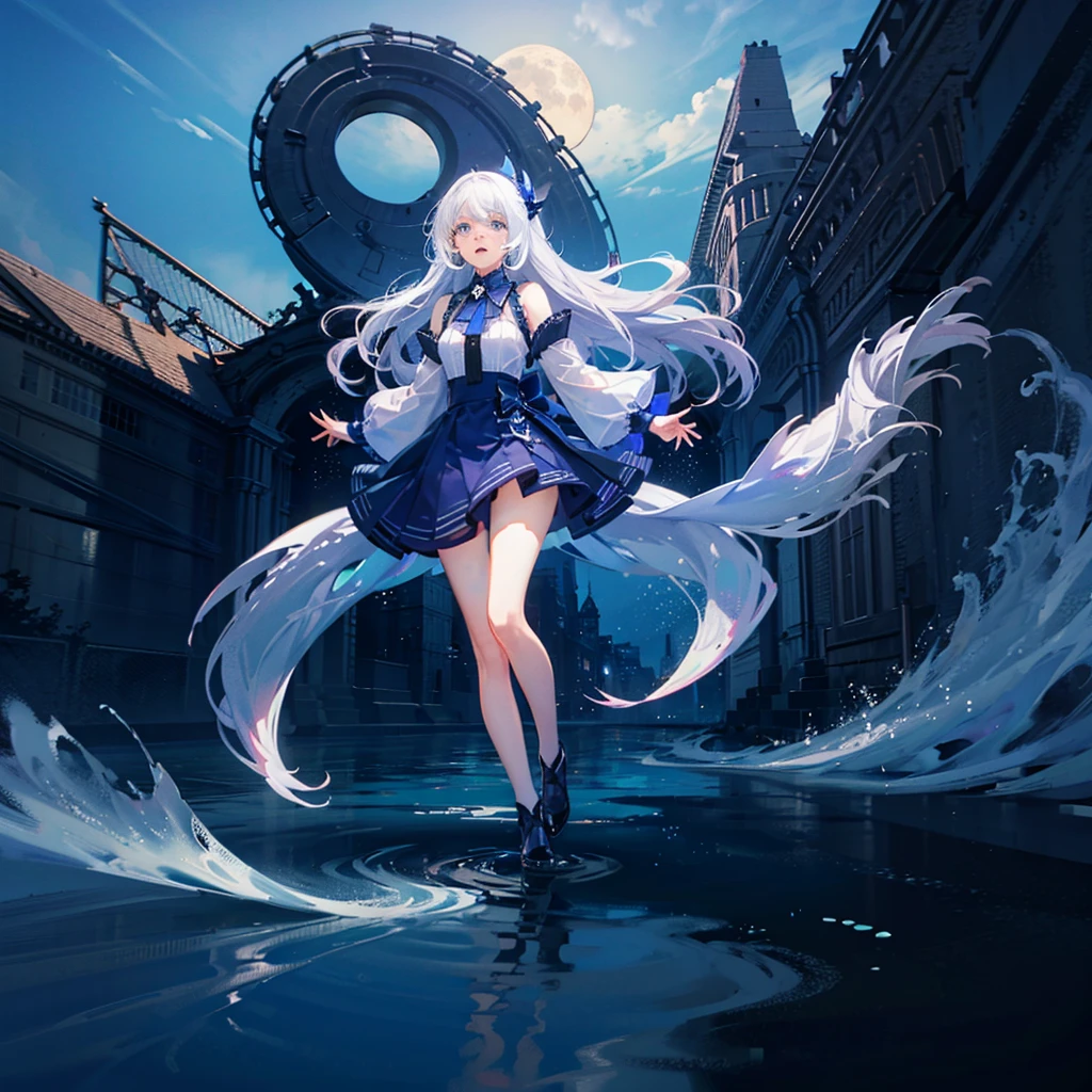 1girl, Endless Ocean, Far Up View, Moon reflection in water, Female with glowing white Hair, Sobbing, Flying spirit animals on sky, Beautiful Skyscape, Blue eyes