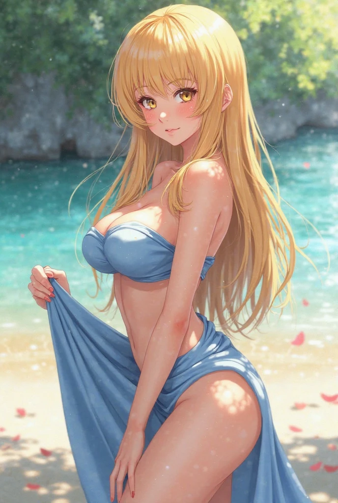 masterpiece, rich colors, Best quality, detailed, high resolution, Hyper quality, high detail, , high quality, detailing, skinny sexy girl on the beach , bright lighting , green eyes, Anime, palm trees, bright lighting,