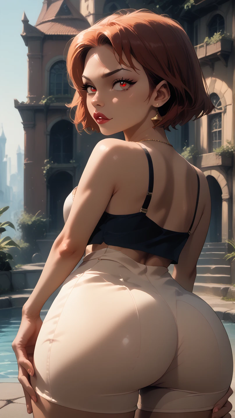 (Same character, front, side, back), simple background!, (full body), in the center of the screen, realistic texture, detailed lightning, realistic shadows, bo cropped hair, orange hair, short hair, bangs, girl, huge breasts, orange eyes, white and transparent yoga dress, no frame, full body, side view, front view, realism, 16k, photorealism, super detailed, thighs, pubic hair, glasses, almost naked!,  (nude!), pubic hair!, tiny cloth, hard nippl, hard puss y, soft pu ssy, transparent yoga dress, japanese, small girl