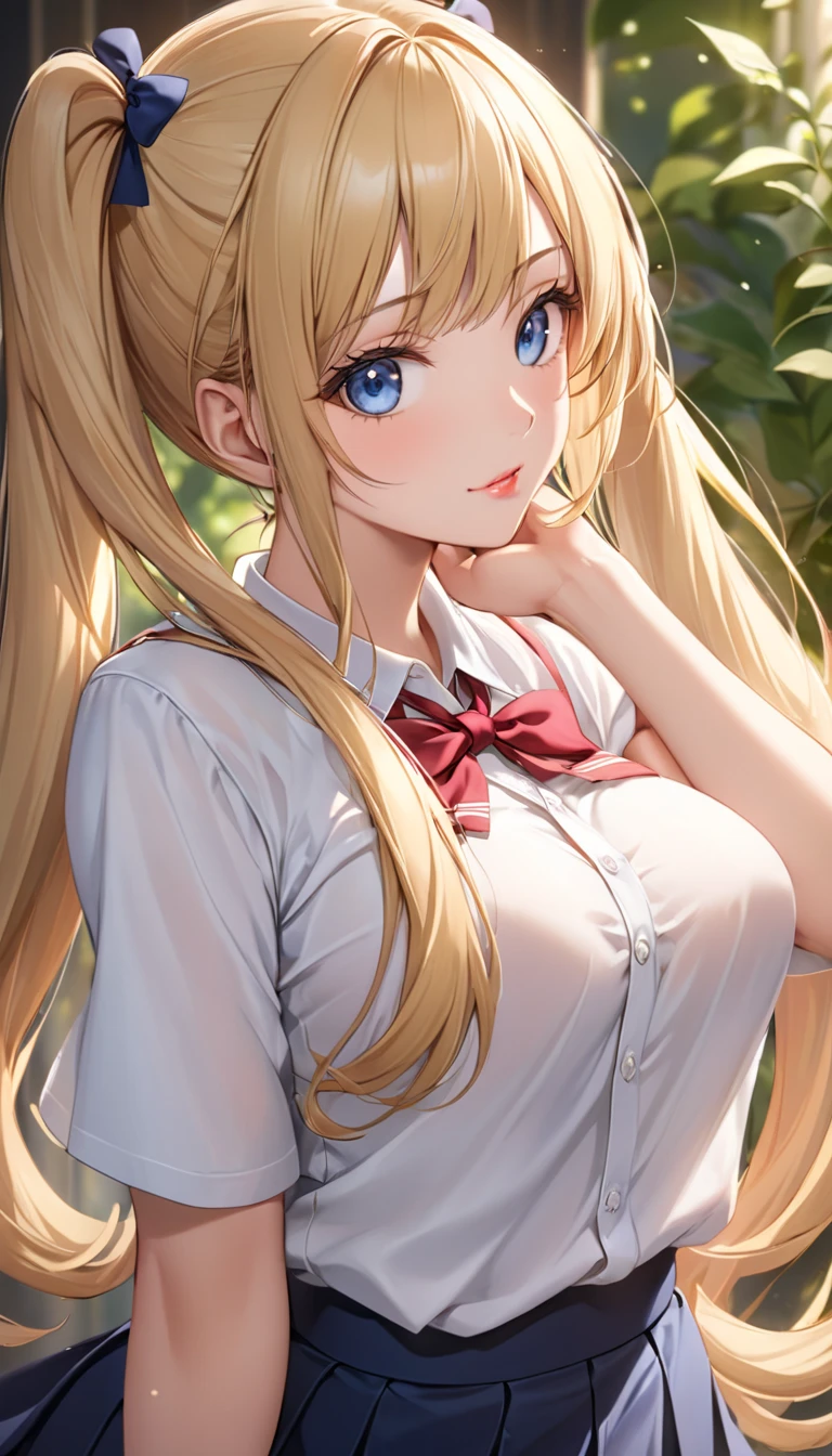 32k, best quality, ultra high res, HDR, UHD, extremely detailed CG, unity 32k wallpaper, work, highest quality, girl, long hair alternative, absurdly long hair, blonde hair, bow hair, Aqua Eye, Captivating smile, tongue, Iris, Long eyelashes, Big Breasts, Mole on chest, White shirt, Black short skirt, shoes, meanwhile, hair ribbon, flower ribbon, hair_ribbon, hair_ribbon, hair_flower,