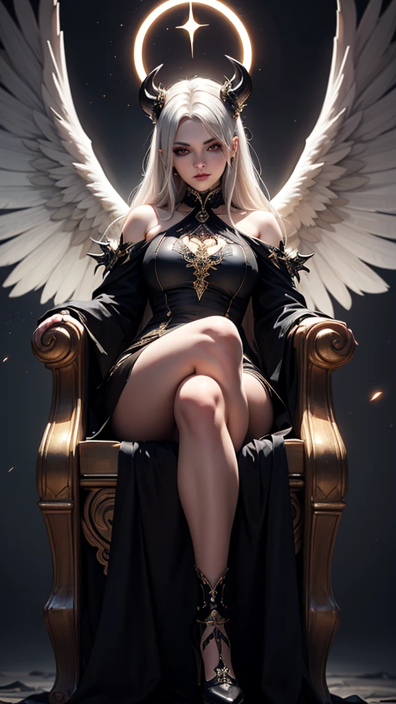 (Meisterwerk:1.2),(best quality:1.1),(hoch detaillierte Details:1.2),demonic angel with large black and white wings, white and red armor, gorgeous face, sitzend auf einem Thron