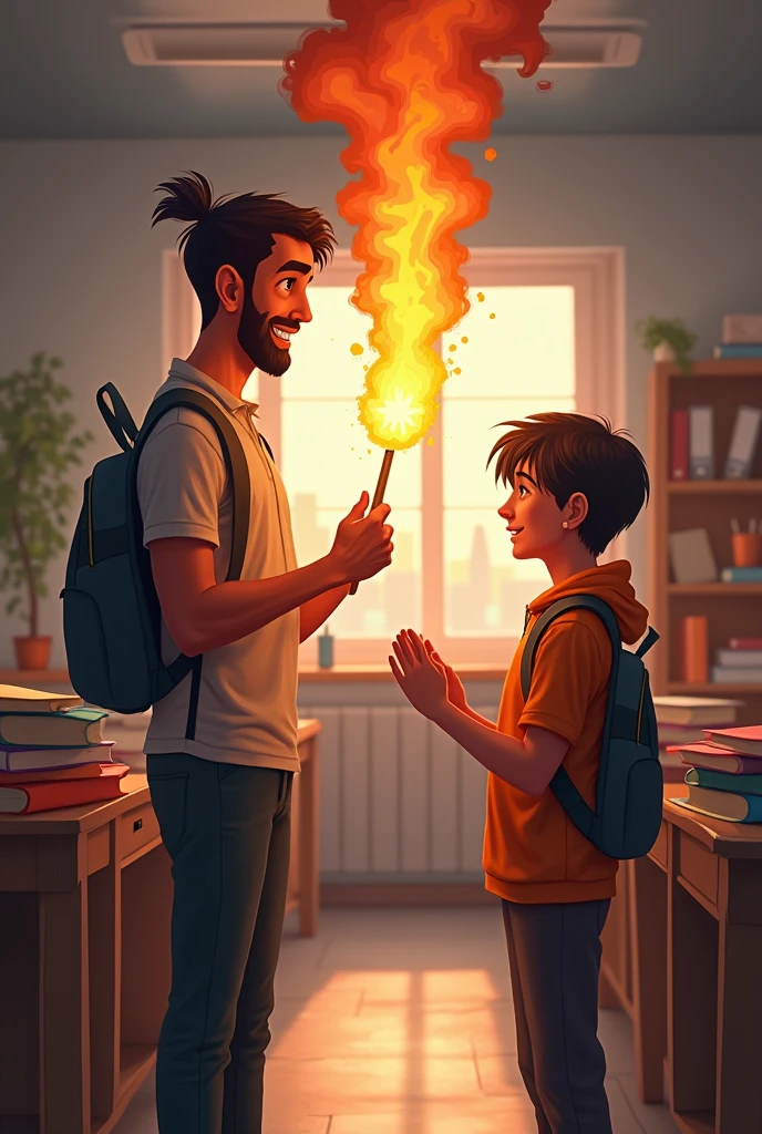 Pencil Art:1 man, 30 yrs old, short black hair, race:bangladeshi, black tshirt, fire on forearms, shaking hands with a kid in a school dress,with a bag