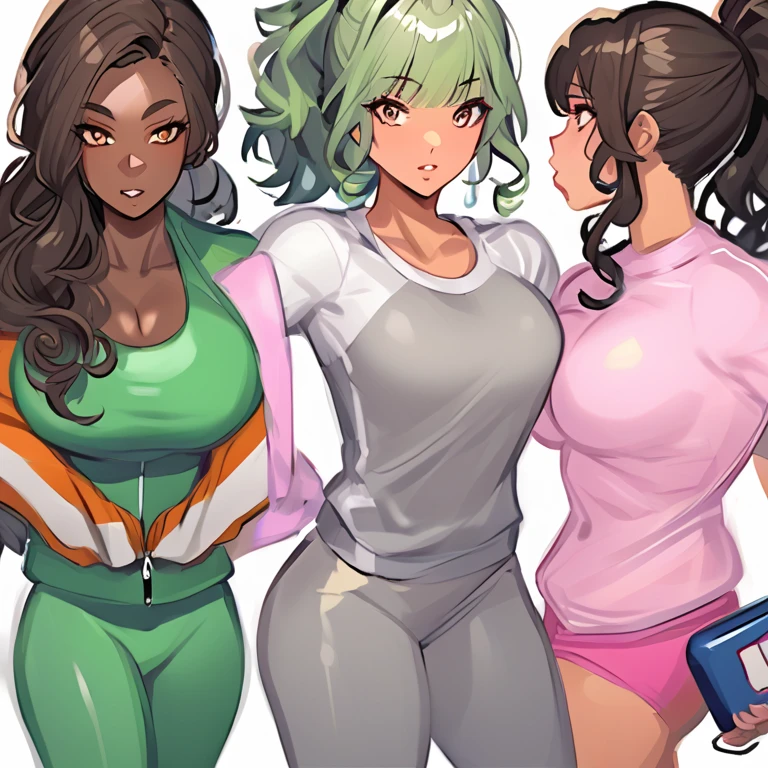 mature woman, sombra_(overwatch), (anime screencap),
widowmaker_(overwatch), long hair, breasts, looking at viewer, smile, multiple girls, large breasts, navel, 2girls, cleavage, blue hair, standing, purple eyes, collarbone, yellow eyes, ponytail, purple hair, multicolored hair, shorts, midriff, indoors, dark skin, armpits, covered nipples, two-tone hair, dark-skinned female, lips, short shorts, v, makeup, colored skin, lipstick, toned, asymmetrical hair, sports bra, selfie, undercut, purple skin, purple lips, alternate skin color, athletic body, sombra \(overwatch\) and widowmaker \(overwatch\), <lora:Sombra-20:1>