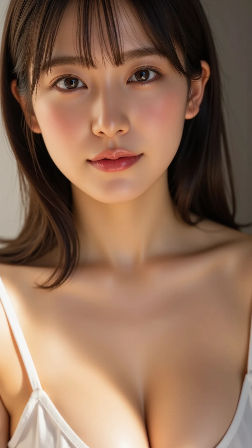 a beautiful young woman with small , delicate facial features, rosy blush on cheeks, serene expression, long flowing hair, intricate hairstyle, elegant pose, ethereal atmosphere, pastel colors, natural lighting, soft focus, digital art, highly detailed, photorealistic, award winning, cinematic composition