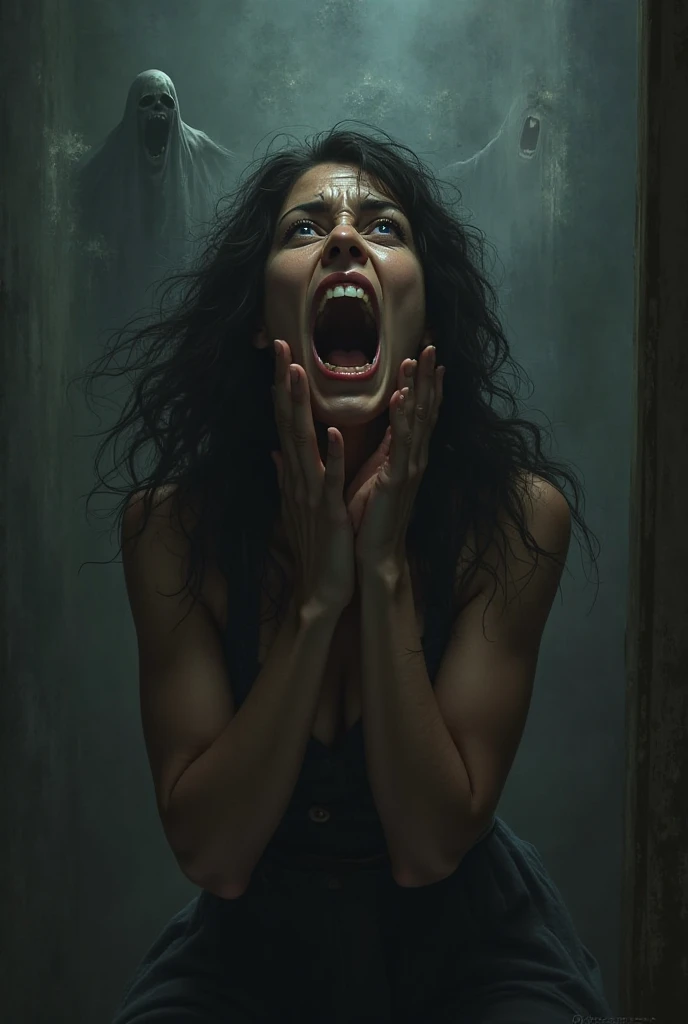 The women along sitting in a dark room and his screaming crying waring black dress and showing his face and lose curly hair