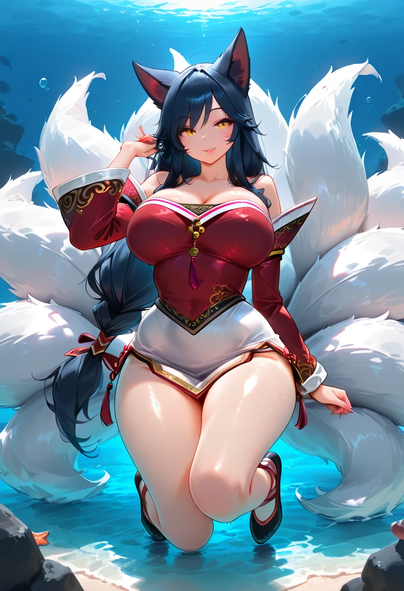 One Girl, Fox Girl, Nine-Tailed Fox,Fox Ears, Black colored hair, Fox Makeup,One Girl, Kimono with open chest, Body size is 100-70-90!, Nice body, Avatar, face, Open chest, lewd face, Dominant representation, naughty face, Big Breasts, Emphasize cleavage,Show bare skin, Skin is visible, With legs apart, Show off your thighs, M-shaped legs, A beautifully patterned kimono,Red and black flowing water pattern kimono, I can see her cleavage, I can see your underwear, Nipples, See-through, Plump body, Muscular, Uplifting, Abdominal muscles, Exposed skin, Long Hair, Skin Texture, Soft breasts, Large Breasts, Standing in a grassy field, outside, Blue sky,Composition facing directly ahead, Grab the breasts with both hands, Fingers digging into breasts, Developmental atmosphere, god秘的な絵, god々Cool atmosphere