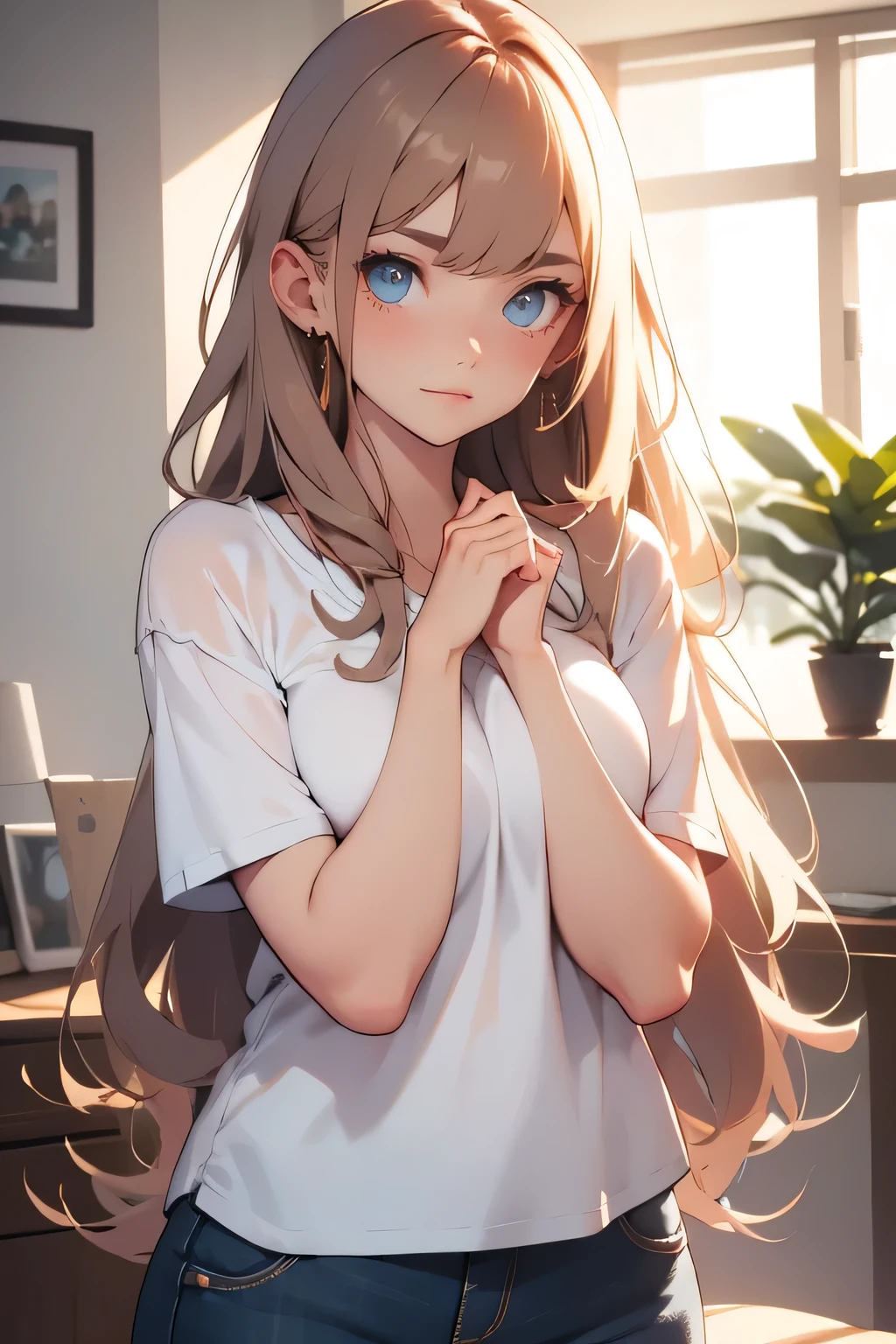 wet hair,woman wipes her hair with a white towel,stares sideways at viewers,charming smile,Wearing an upper body t-shirt,Clothes that show your body lines,high quality,photoshoot,portraits, realistic color ,Straight Hair,beautiful skin on hands,mesmerizing gaze on the outer corner of the eye,natural expression,Soft Light,Indoor Scene,Moderate exposure,Gradient Background,4k real,Delicate Texture,professional,Clothes that show the shape of ,
