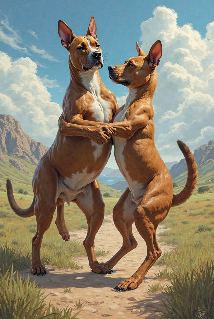 ((((photorealistic feral white husky with Pitbull)))), ((((French kissing)))), ((((feral, duo, hyper sheath penetration, docking, hyper flared penis in sheath, stomach bulge, deep penetration)))), ((((looing at each other, excessive urine, cum splatter, cum leaking)))), ((((hugging)))), chest to chest, standing, outside, sunny, blue skys