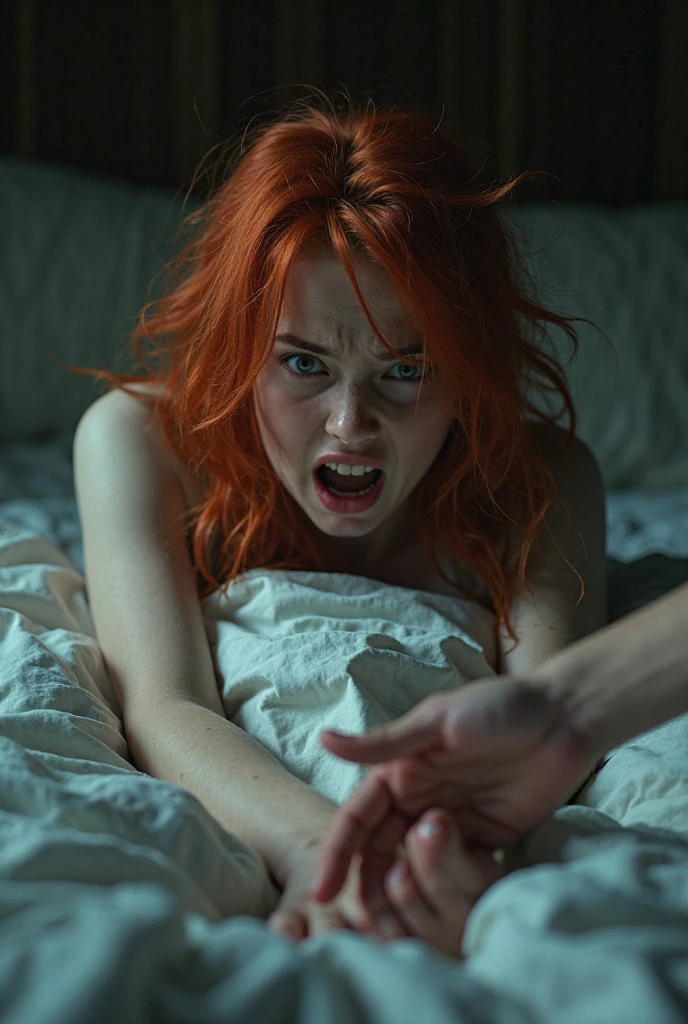 (((photorealistic:1.4))), ultra realistic, pores, (((masterpiece))),high quality, ultra details, nude realistic white skin beautiful face pretty korean idol adult woman killing ugly painful old man head on the bed with long sharp fingerclaws on the neck, neck slit, ripped throat, extreme gore, blood everywhere, naked, blue eyes, hotel room, big window, buildings, night, face looking at camera,long red hair,high key,