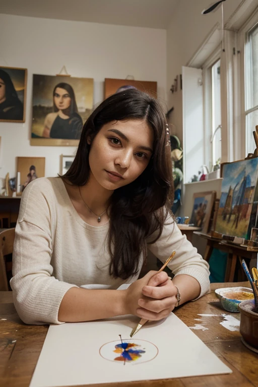 young arabic woman, blond medium hair, brown eyes, 32 years old, artist, smile, posing in the art gallery, wearing
