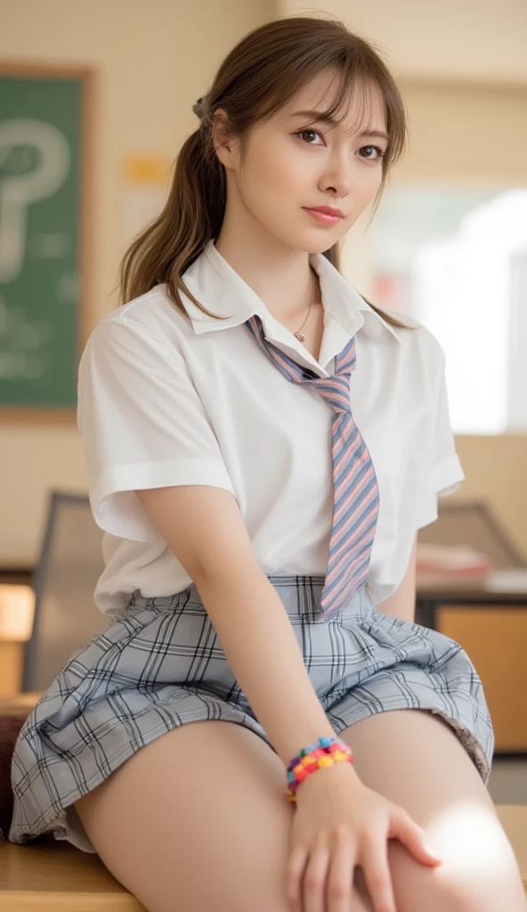(8k、Raw photo、highest quality、masterpiece:1.2),(Spread your legs wide,Legs wide open),(Very Short Hair:1.5),Staring at the audience,Viewed from the front,erotic,White skin,(White panties),Absurd,masterpiece,highest quality、超A high resolution,Len,one person, solo,whole body,high school girl,Japanese women、(Photorealistic:1.37)、Photon Mapping,Realistic、(Cute face、round face: 1.5)、Attractive face、(Red bow tie)、Radio City、物理ベースLenダリング、prospect、Depth of written boundary、Blurred Background、picture,Beautiful feet, Nose Soft,(Light blue shirt), (Navy, blue and white checkered pleated skirt), I can see your knees,Cleanse your thighs,Nogizaka Idol, 、Big ample breasts、(Cute Smile: 1.5),whole body写真、Roll up the skirt yourself、Super Definition、School classroom、Sit on the desk and spread your legs、(Bright pink fishnet stockings:1.3)