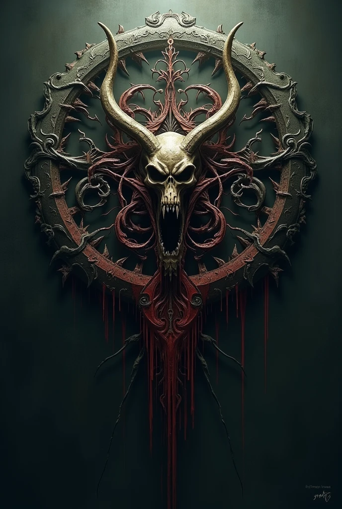 Draw a skull centered within a playing card, with black borders and golden letters. The skull is surrounded by red gargoyles, all in a gothic and sinister style. The background of the card is white, emphasizing the dark and eerie details of the scene.