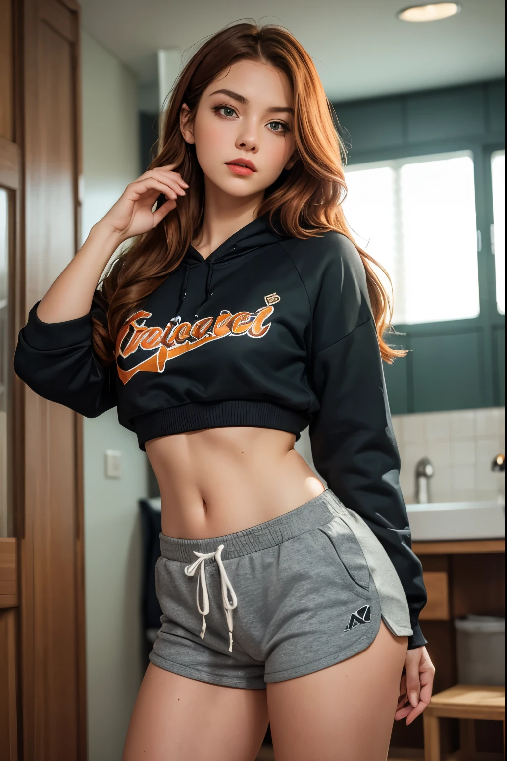 ((best quality photo)), ((masterpiece)), (Detailed), redhead girl, long hair, green eyes, orange lips, open sports sweatshirt, gray sports shorts,