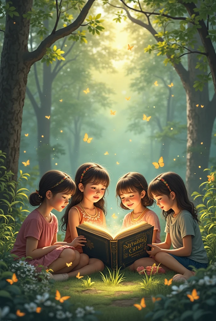 a magic book on an altar and millions of boys and girls of different dark-skinned children, natives, latin americans, europes all around playing. The setting is a forest with magical flowers and magical and colorful fairies

