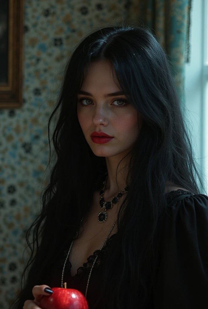 Eva Green with long black hair, sad expression, thin body, wearing a polka dot dress, delicate facial features, detailed eyes and lips, photorealistic, 8k, highly detailed, masterpiece, dramatic lighting, cinematic, moody colors, muted tones.