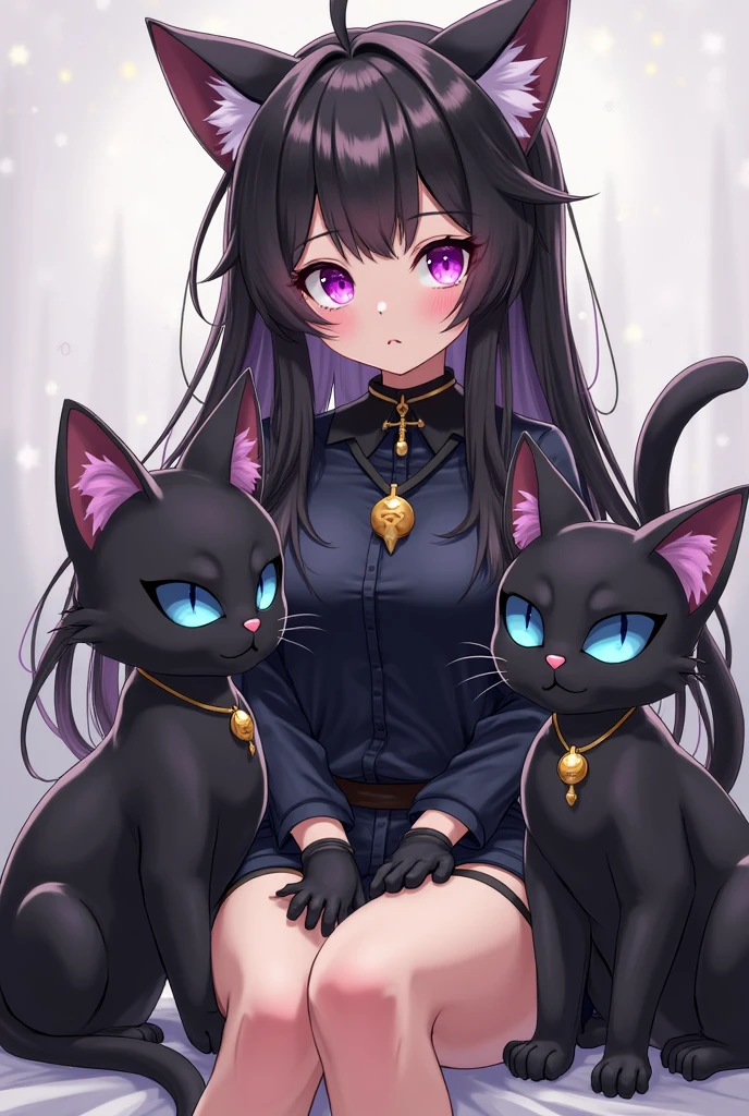 big breasts, round face, baby face, erotic, cute smile, cat ears girl, Glamour, hoodie, (hairy eyes), black hairstyle, black eye, Height 156cm, Many cats are dancing in the background, young princess, blue sit on the throne, Early 30s, with backlight, open chest, anime, short boots, high quality, High resolution