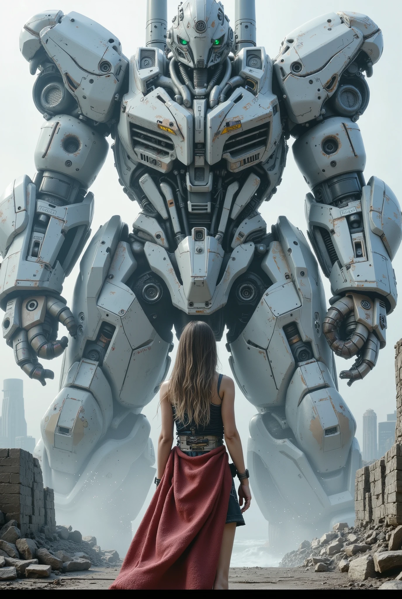 photo realistic,masterpiece,best quality,superb clarity,unparalleled detail,exquisite detail,ultra high definition,first-class quality,hyper-realistic,life-like,snapshot photography,8k,BREAK,I In the center of a huge city surrounded by the ocean in a science fiction fantasy world,a female pilot is about to board a giant robot,The city has been half-destroyed by war