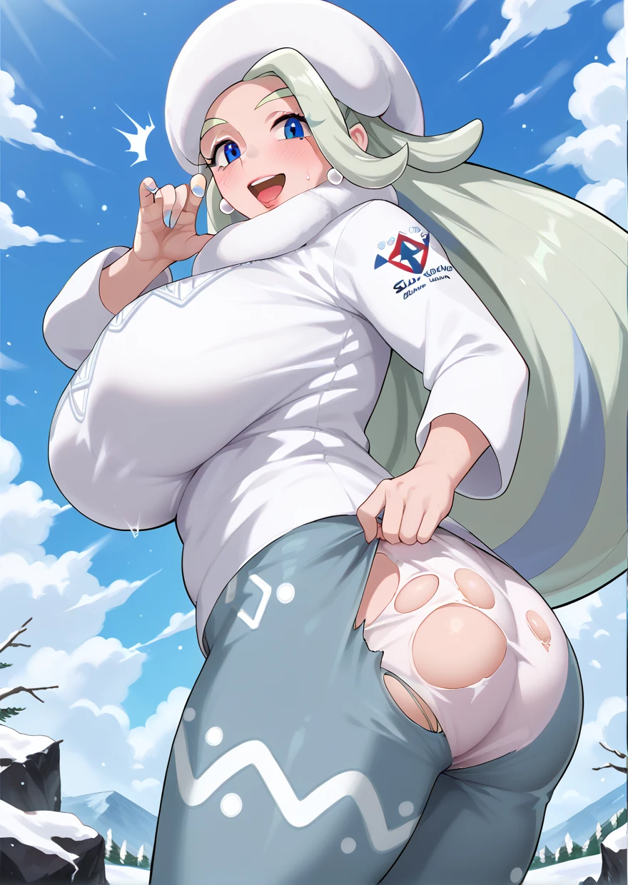 nsfw, masterpiece, Highest quality, Very detailed, Melony(Pokemon), Mature Woman, Platinum Blonde, blue eyes, Fur hat, Long Hair, White headwear, Perfect Face, Perfect hands, Perfect Fingers, hanging breasts, Very beautiful long legs, Thick thighs, pantyhose, Puffy nipples, Pussy juice, Sexual Ecstasy, trembling, foot focus, squatting, arms behind head, Black areola, Armpit Hair, cowgirl position, girl on top, cum in pussy, vaginal penis,