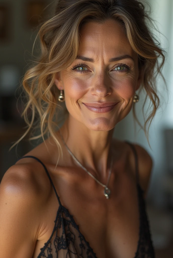 Woman aged 45 years, full body, cheveux en queue de cheval et couches sombres tombant sur son visage, midsized, beau visage et corps parfait, saggy breasts big and round, les mains derrière la tête, ssmile, firm skin, seins nue jambes écarté sur un bar