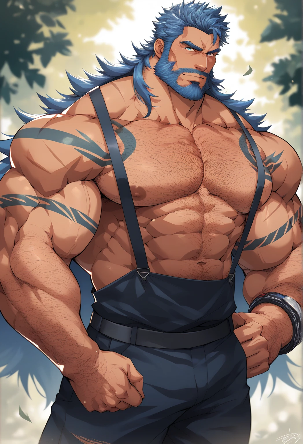 large muscular male swordsman with blue hair wearing an oni mask and blindfold