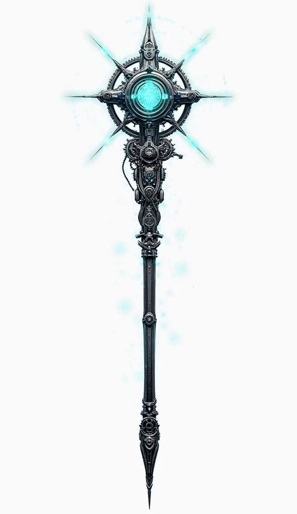 A high tech magical staff. Full staff. White background. Steampunk style.
