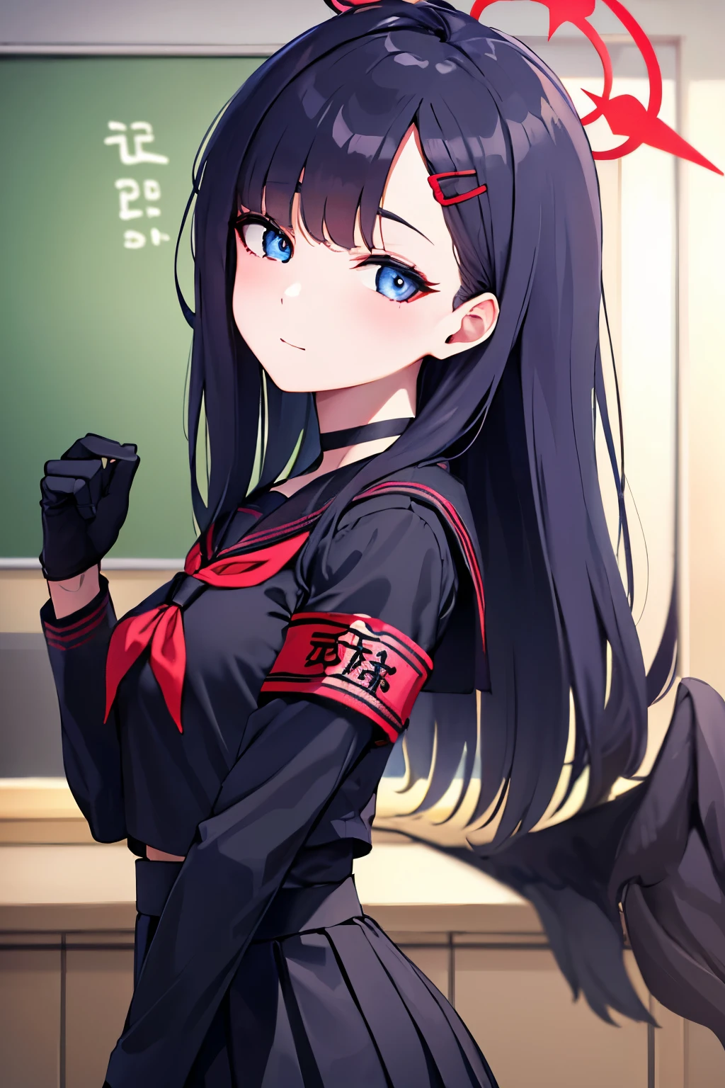 ICHIKANAKAMASA , Ichika、 I got wet, stupid hair, black hair,  black wings, feathered wings, hair ornament, hair clip,  halo, long hair, Low Wings, red  halo, Wings,
break armband, black choker, black  gloves, black sailor color, black sailor suit, black skirt, choker,  gloves,  Long Sleeve, Neckerchief, pleated skirt, red Neckerchief, Safety pin, sailor color, school uniform, sailor suit, skirt,こちらに手を振る
break looking at viewer, upper body, Full Body,
break indoors, classroom,
break (masterpiece:1.2), Best Quality, high definition,  Unity 8k Wallpaper, (illustration for both eyes:0.8), (beautiful and detailed eyes:1.6), Extremely Precise Face, perfect lighting, very detailed CG, (perfect hands, perfect anatomy),