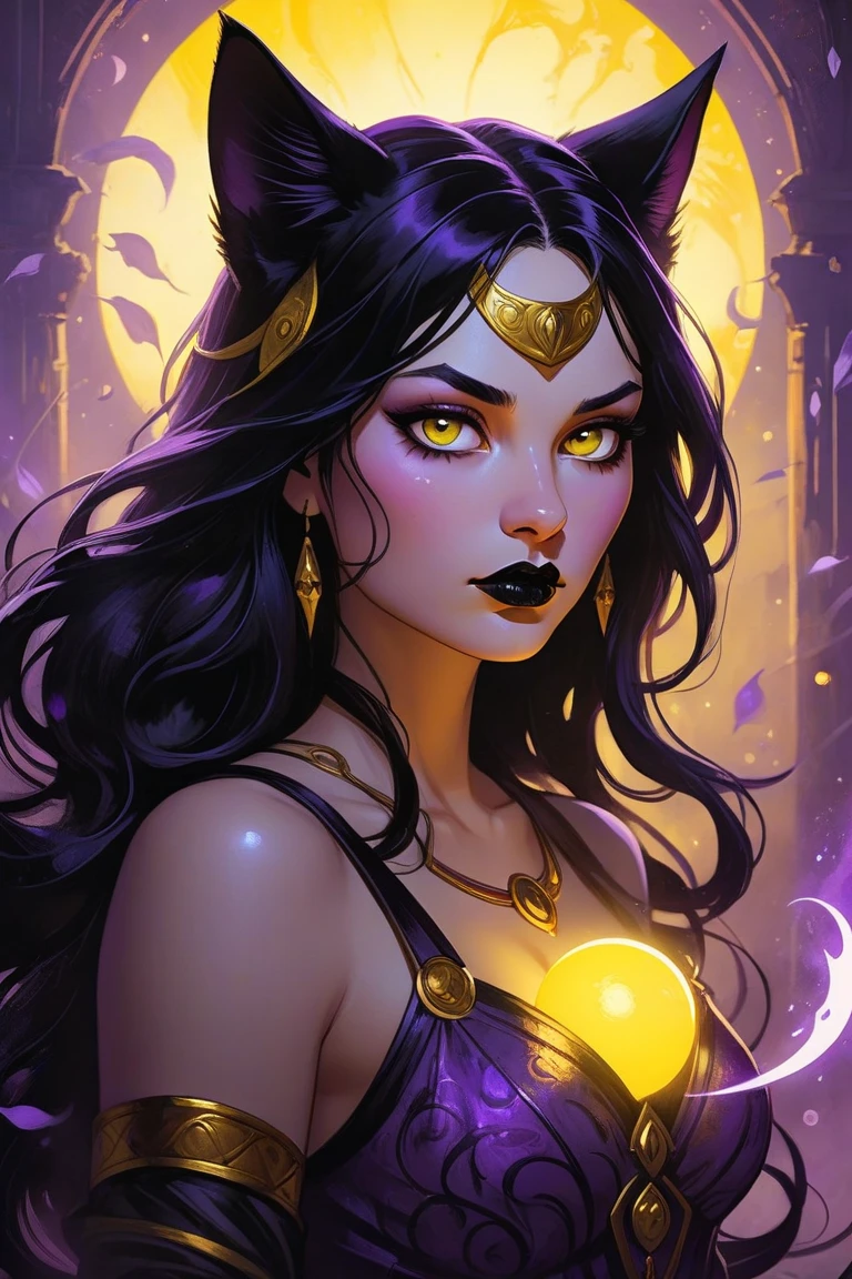 Dark-haired long-haired woman in a dark purple dress with a black shawl, Golden horned tiara, evil look, magic, evil