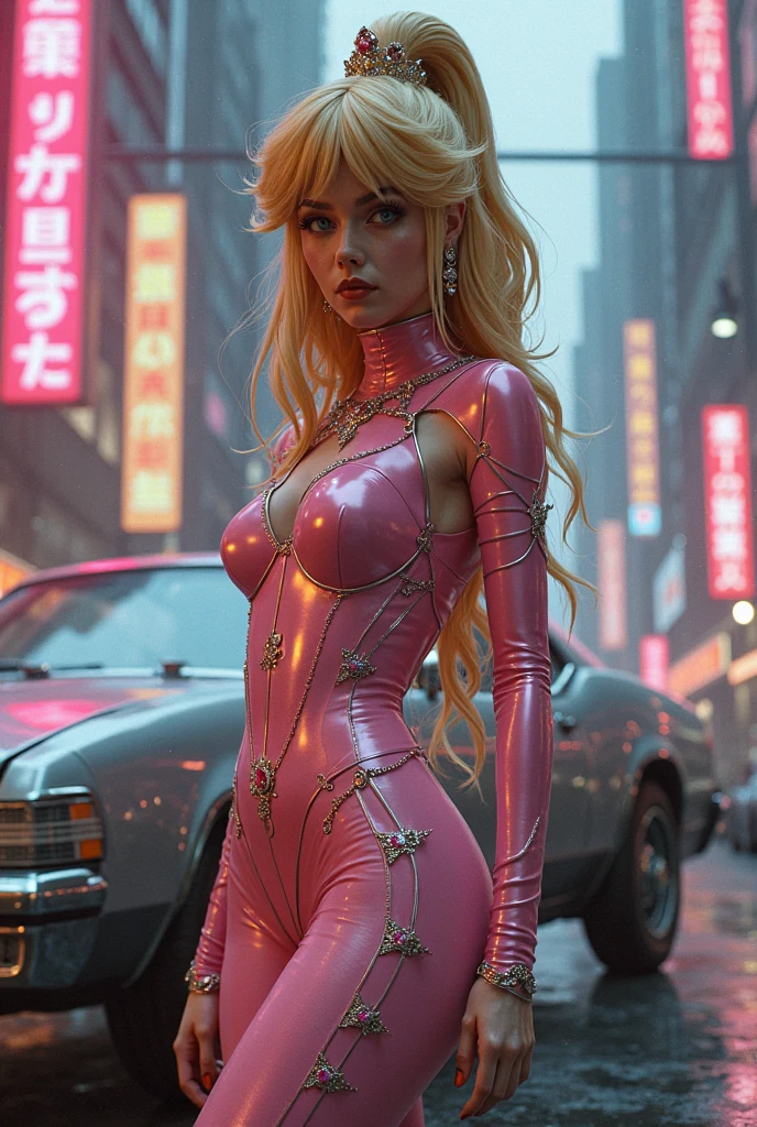 Extremely realistic and detailed image quality,night、Francoise Arnoul looks out over the city from the rooftop of a futuristic, neon-lit skyscraper.,Blonde super beauty、Red open-chested dress、Yellow scarf、М cup breast、Super big breasts、The shape of the erect nipples is visible、The areola is protruding、Adult sexy woman、