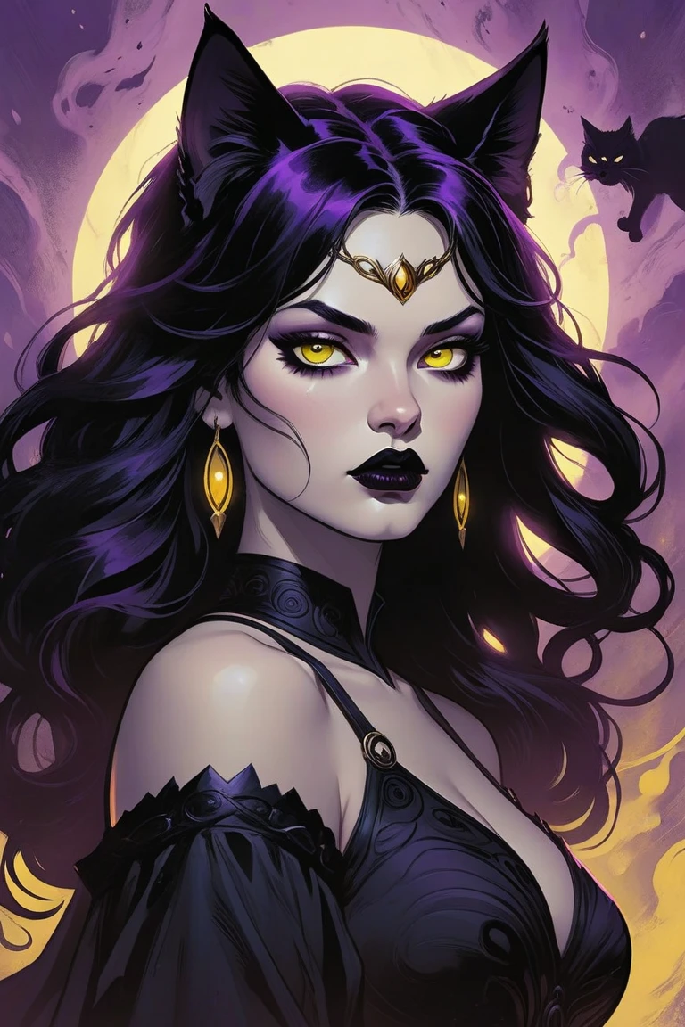 Noir painting of a young beautiful enchantress, goddess, magical, floating in space, hourglass figure, symmetrical, long black hair, lush red lips, fair skin, villainess, smiling, black prom dress, she is coming to you, up close, mesmerizing blue eyes, surrounded by swirling purple aura, glowing purple aura, real, high detail, best quality