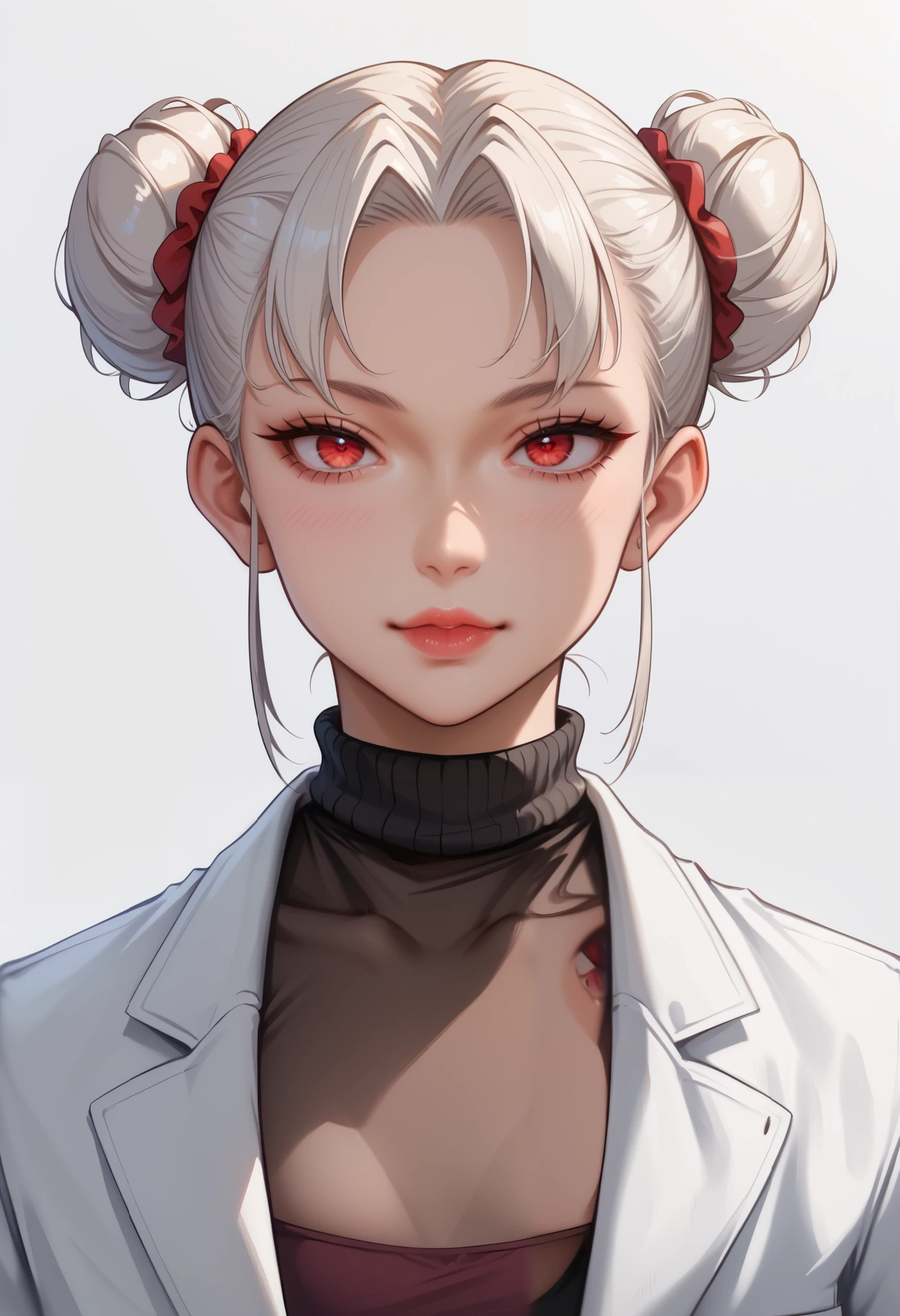 ((Russian female scientist)) score_9, score_8_ up, score_7, ((White background)) ((Japan girl)) ((1girl)) Source_Anime, rathing_questionable , high res, 8k, 超 high res , soft saturation, Professional quality , perfect contrast , perfect lighting, Beautiful face , Perfect face , Highly detailed beautiful face and eyes , (red eyes), Attractive face , Detailed face , Delicate facial features , Detailed skin , Voluptuous , Mature female , (Double bun hair) white hair , (Lab coat:1.4), Seductive pose (Cream pants:1.2) (black turtleneck:1.2) (((very thin:1.4))) (very small breast) (Flat chest:1.4)