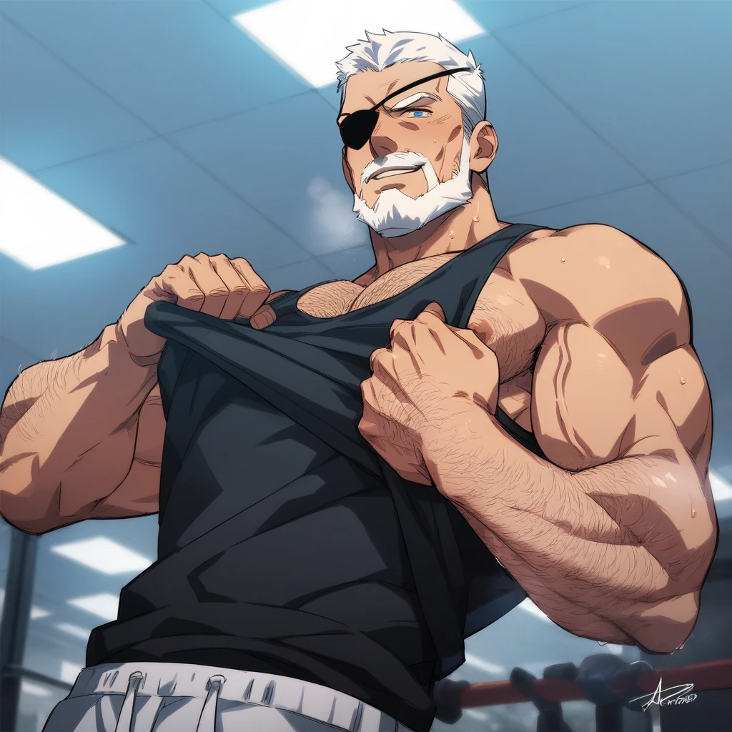  old man standing wearing tank top, muscle body,daddy,bara type