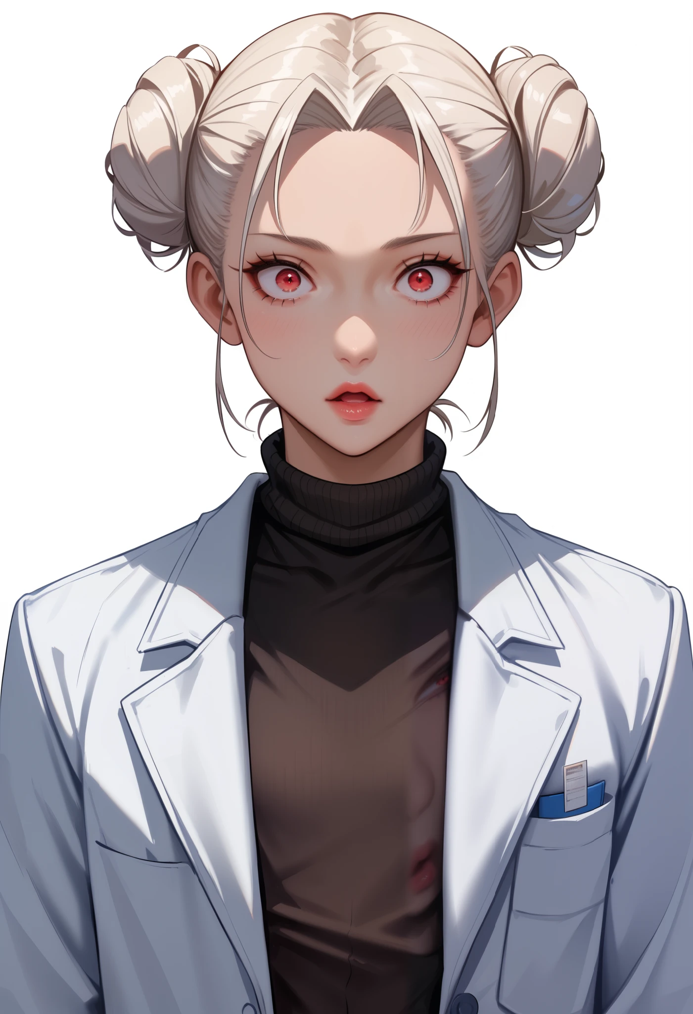 ((Russian female scientist)) score_9, score_8_ up, score_7, ((White background)) ((Japan girl)) ((1girl)) Source_Anime, rathing_questionable , high res, 8k, 超 high res , soft saturation, Professional quality , perfect contrast , perfect lighting, Beautiful face , Perfect face , Highly detailed beautiful face and eyes , (red eyes), Attractive face , Detailed face , Delicate facial features , Detailed skin , Voluptuous , Mature female , (Double bun hair) white hair , (Lab coat:1.4), Seductive pose (Cream pants:1.2) (black turtleneck:1.3) (((very thin:1.4))) (very small breast) (Flat chest:1.4) ((Very shocked))