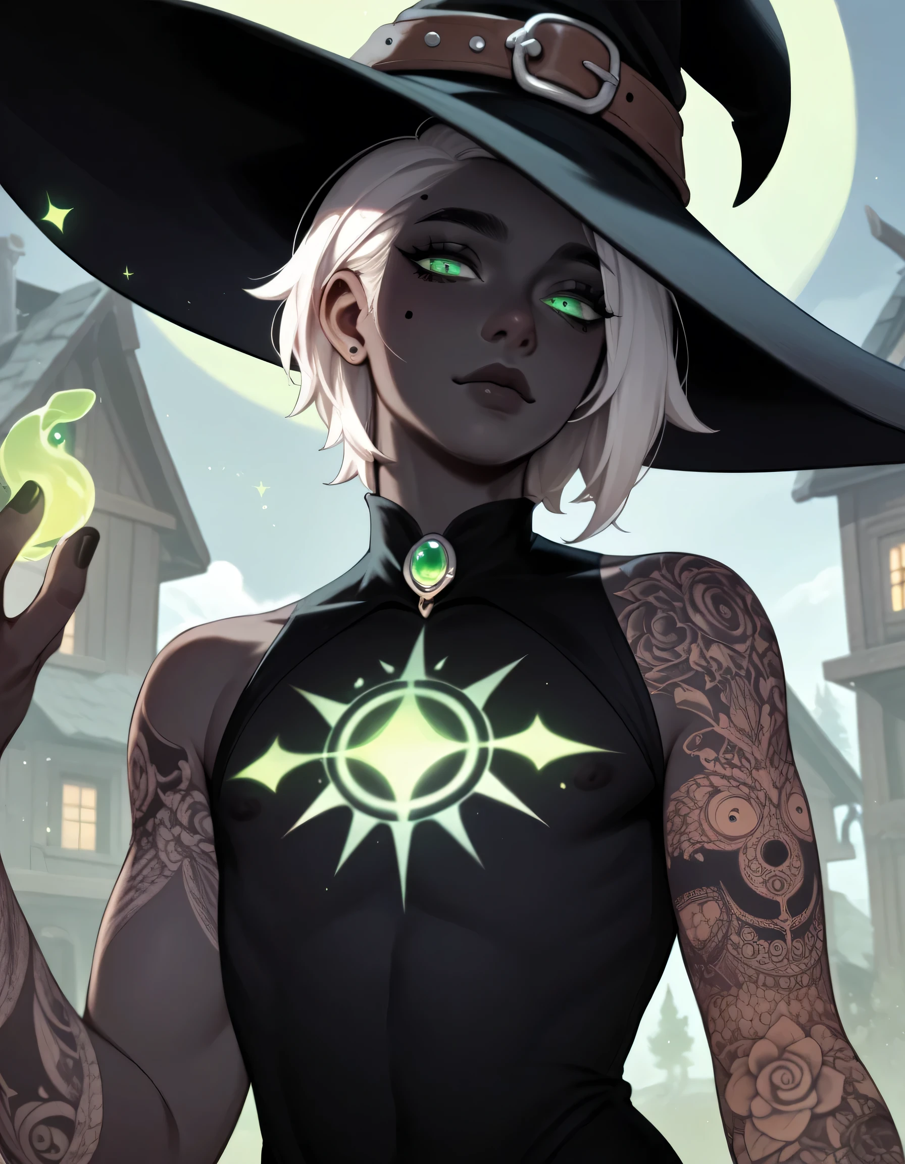 Solo, femboy, black-skinned, obsidian black skin, glowing green eyes, white hair, sexy witch, sexy witch clothes, witch hat, fantasy dark occultist house, , holding Human scull, holding dark magick bock, multiple tattooes