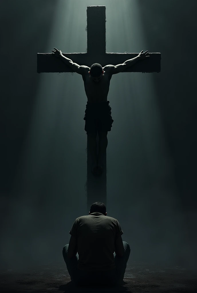 Create a solemn and respectful image of Jesus crucified, viewed from behind. Depict the scene with Jesus’ back facing the viewer, His arms outstretched and nailed to the cross. The focus should be on the posture and silhouette of Jesus, with His head slightly bowed or turned in a reflective manner. The background can feature a dark, muted sky or a somber landscape to enhance the gravity of the moment. Soft, ambient light or a faint halo can subtly highlight the figure of Jesus, suggesting His divine nature and the significance of the sacrifice without explicit detail. The overall mood should convey a deep sense of reverence, sacrifice, and the profound nature of the crucifixion.
