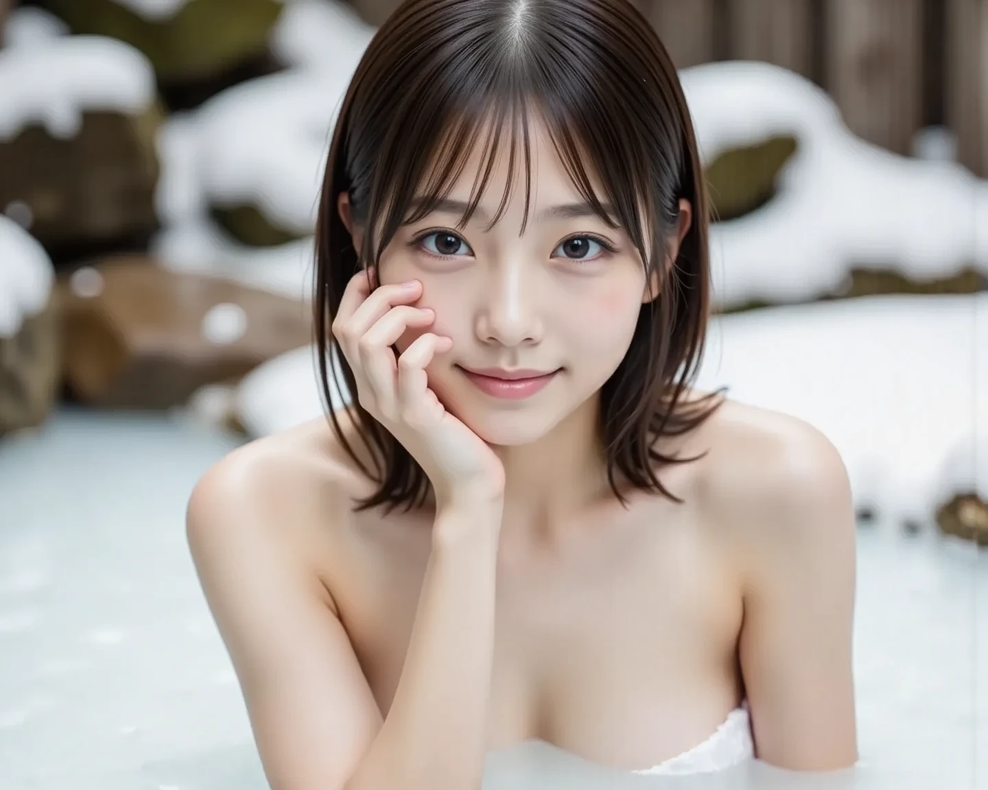 Japanese hot springs,open-air bath,take a bath,hot spring bathing,rock bath,1 girl, 20-year-old, nude, looking at the viewer, lips, please reconsider, black hair, black eye, realistic, parted lips, japanese girl, medium breasts, shiny skin, (realistic, photo-realistic:1.35), (highest quality:1.4), (ultra high resolution:1.2),(Raw photo:1.2),(sharp focus:1.3), (face focus:1.2),beautiful girl,>, photorealistic, light smile, flowing bangs, blush,short hair style