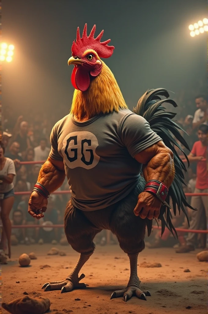 rooster bird in the spotlight, muscular, puffed chest, open black vest, black tattoo, in a soccer stadium, bambi animal, running in front, cheering in the background, black smoke in the air