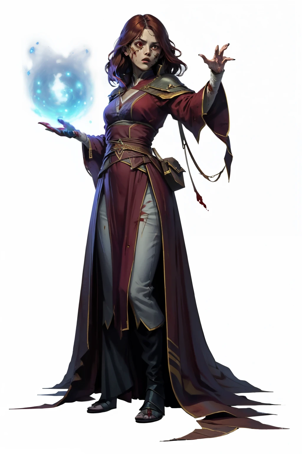 (full body image, it is forbidden to cut or not appear from head to toe, PNG format , transparent background, white background, Magic theme, supernatural, rpg) &&&&& (high quality, masterpiece) &&&&& I want a character with white clothes and long burgundy hair with dark red blood flying around her, in your body and blood, Lightly levitating, And with a blood mask on your face